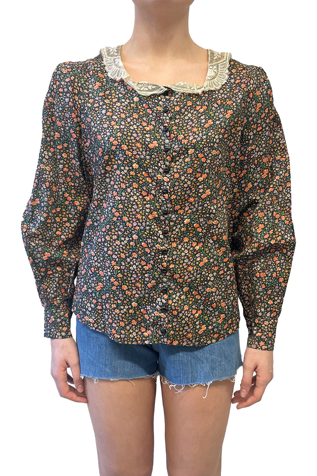 Anna Sui Vintage Lace Collared Floral Button Up Blouse