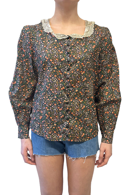 Anna Sui Vintage Lace Collared Floral Button Up Blouse