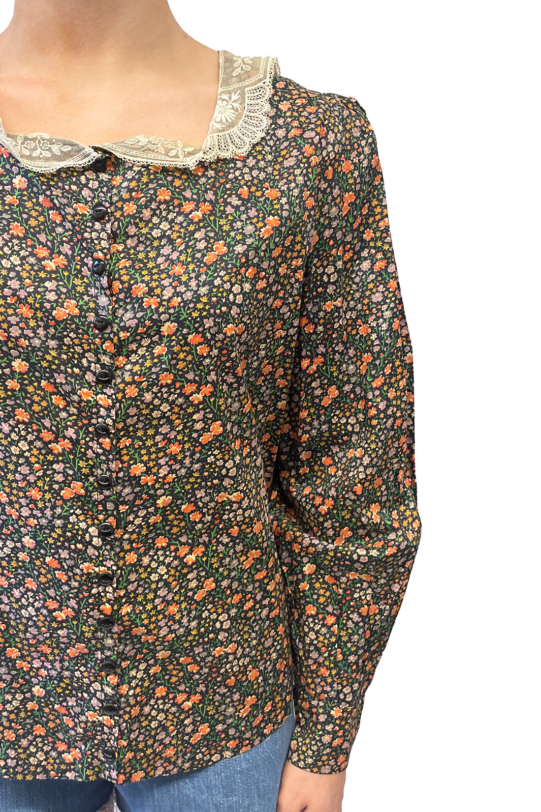 Anna Sui Vintage Lace Collared Floral Button Up Blouse