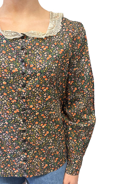 Anna Sui Vintage Lace Collared Floral Button Up Blouse