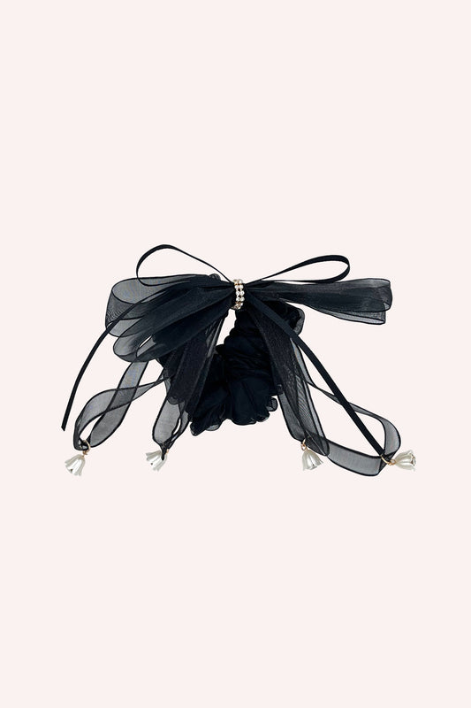 Anna Sui Black Mesh Bow Flower Embellished Scrunchie