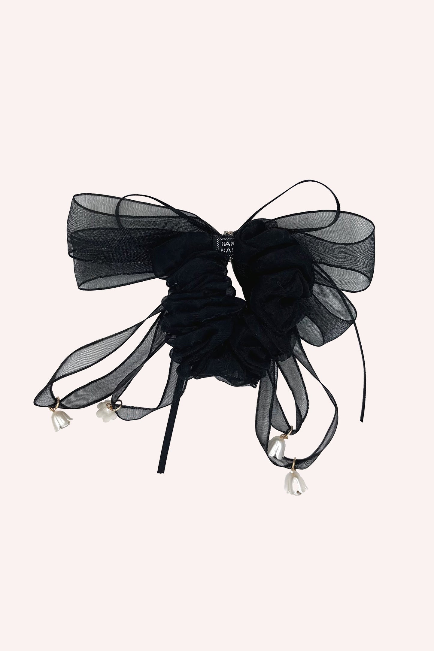 Anna Sui Black Mesh Bow Flower Embellished Scrunchie