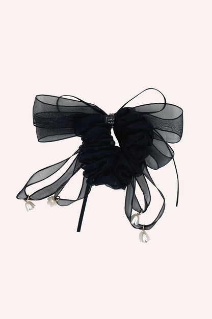Anna Sui Black Mesh Bow Flower Embellished Scrunchie