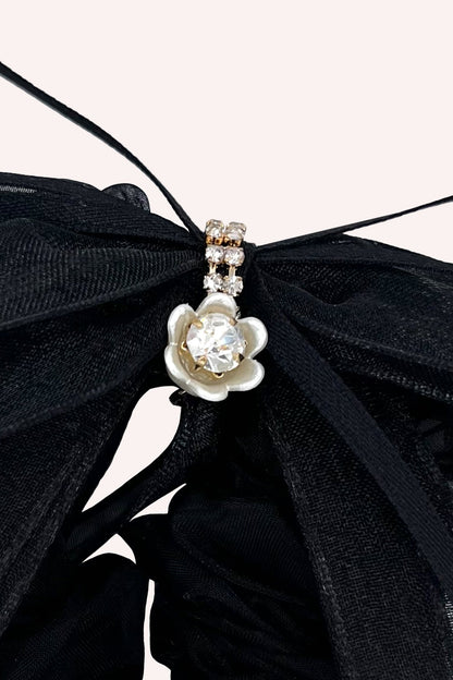 Anna Sui Black Mesh Bow Flower Embellished Scrunchie