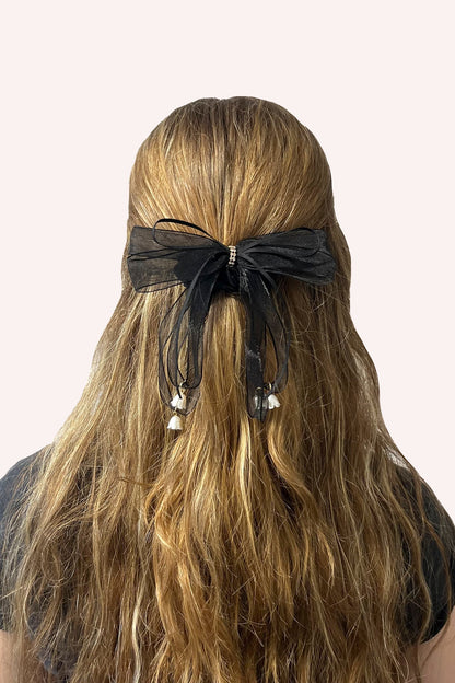 Anna Sui Black Mesh Bow Flower Embellished Scrunchie